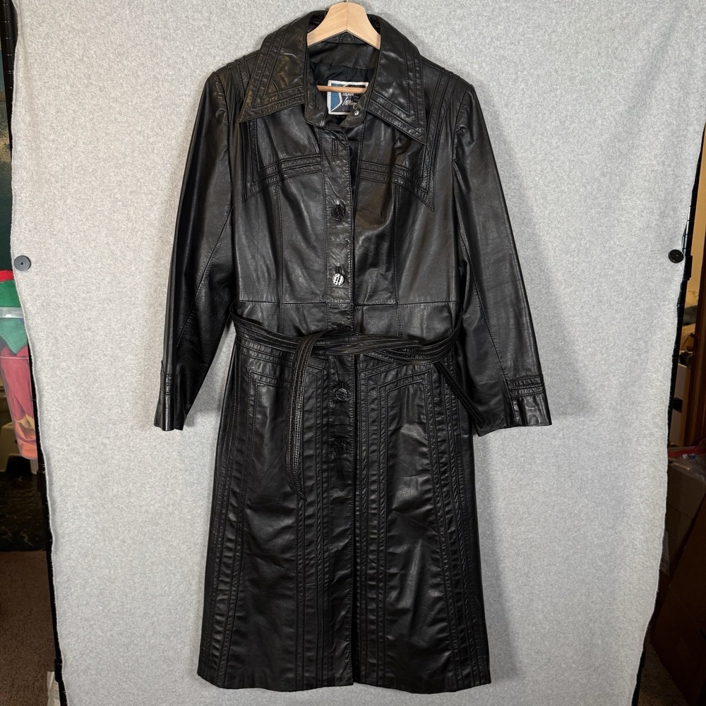 Vintage leather trench jacket womens medium black maxi tie suburban heritage 90s